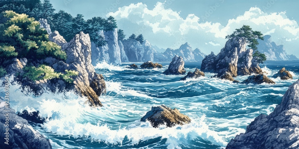 Poster a computer generated image of a rocky shoreline with a large body of water. scene is serene and peac