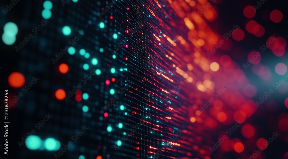 Poster digital abstract: an abstract digital composition of red and blue lights against a dark background, 
