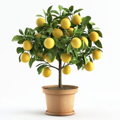 Lemon tree in a pot with bright yellow fruits, centered on a clean white background