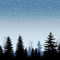 Fototapeta premium Serene Winter Landscape with Snow-laden Trees and Gentle Falling Snowflakes in a Tranquil Blue Sky at Dusk