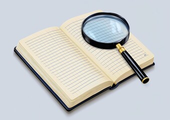 Open notebook with magnifying glass resting on pages for analysis, research, and study in a light grey background, ideal for educational and creative projects