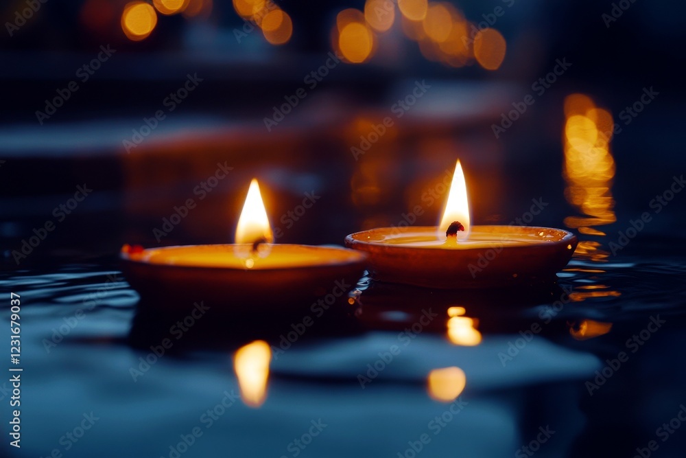 Aufkleber tranquil scene of floating candles illuminating calm water surrounded by soft glowing lights for ser