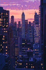 Obraz premium A breathtaking view of a city skyline at dusk, showcasing illuminated skyscrapers against a vibrant sunset.
