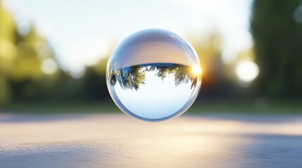 Floating crystal ball reflecting nature in soft focus