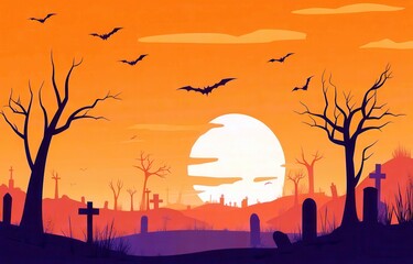 Obraz premium Spooky Halloween Landscape with Bats and Graveyard Under an Orange Sunset Sky Ideal for Seasonal Design Projects and Festive Decorations