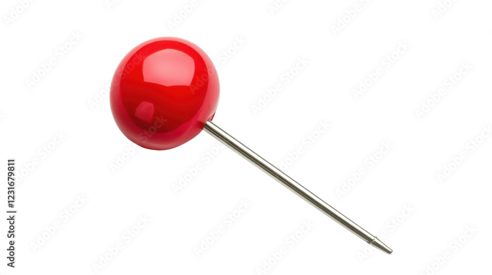 Poster red glossy pin with transparent background is pointing diagonally down right