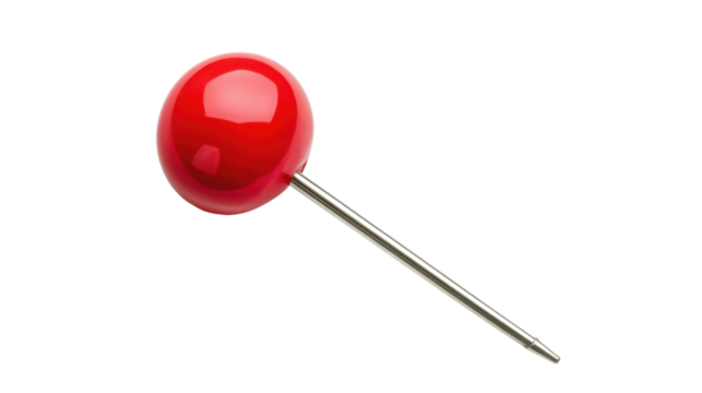 Red glossy pin with transparent background is pointing diagonally down right