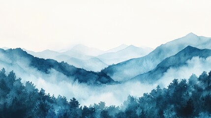 Watercolor of landscape forest misty mountains horizon and fog and hills,pine tree fir tree,Autumn forest background,drawn by hand,Autumn illustration design elements for landscape,wallpaper.