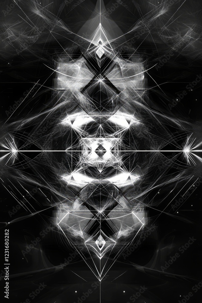 Poster black and white image of a spiral with a white diamond in the middle. the image is abstract and has 
