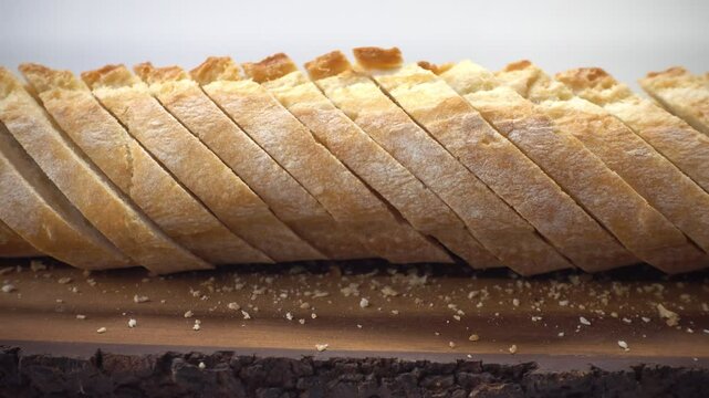 sliced ciabatta bread, highlighting its crusty texture and airy interior, embodying healthy eating and dietary concept, motion