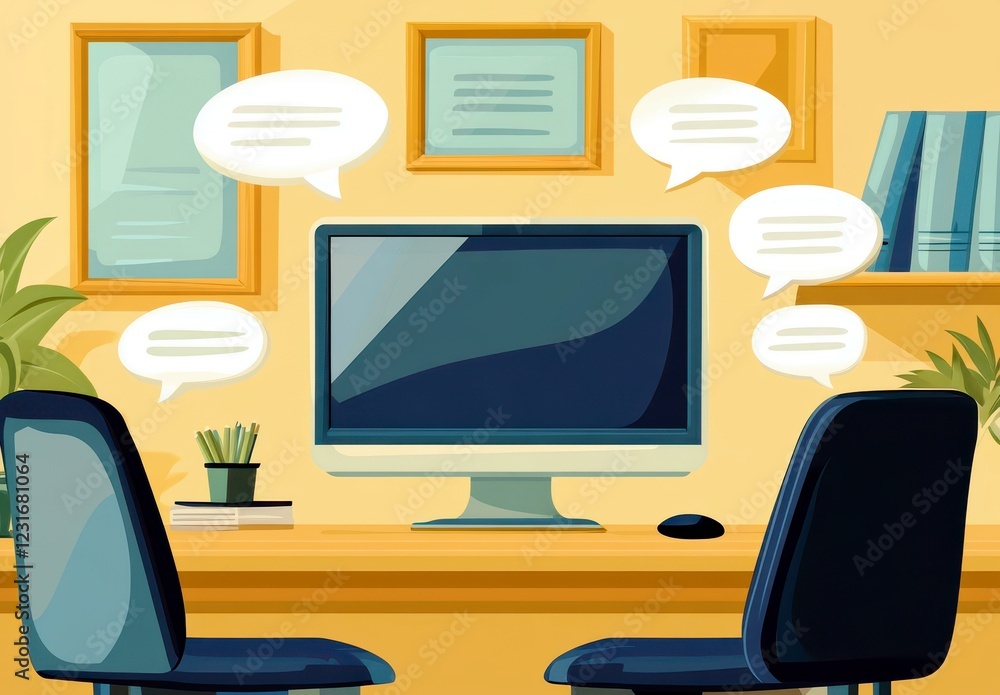 Poster modern home office setup featuring a blank computer monitor and empty chairs with speech bubbles pro