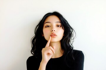 Fototapeta premium Portrait of a woman with long dark hair and expressive eyes holding a finger to her lips, conveying a sense of mystery and elegance in a minimalistic setting.