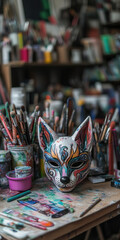 Colorful Artistic Fox Mask in a Vibrant Studio Filled with Paintbrushes and Art Supplies