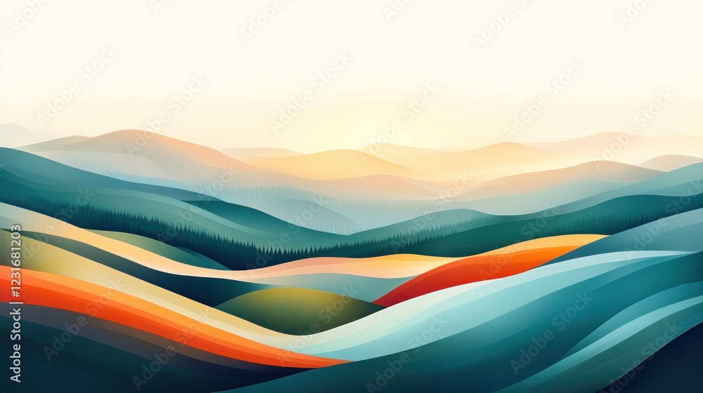 Poster abstract mountain landscape with layered hills and gradient colors creating a serene atmosphere