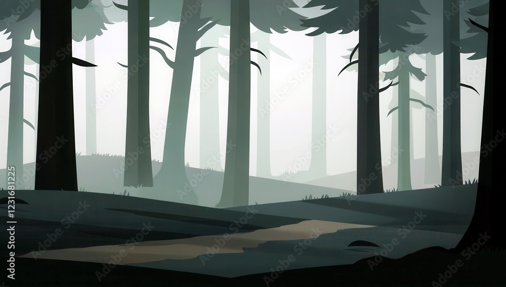 Poster misty forest landscape with tall trees and soft light, ideal for nature themes and background design