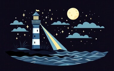 Naklejka premium Serene Nighttime Lighthouse Scene with Bright Moon, Shimmering Stars, and Gentle Waves on a Calm Sea at Dusk