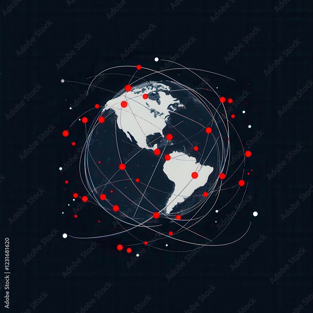 Poster abstract representation of a global network connecting continents and cities across the world with d