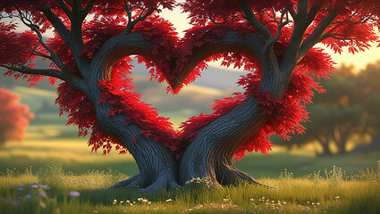  Fantasy Tree with Heart-Shaped Branches and Red Leaves in Magical Forest