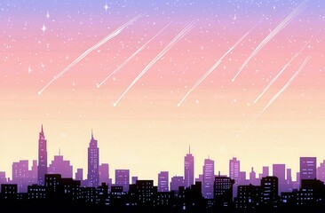 Naklejka premium Beautiful Night Sky Over Urban Landscape with Shooting Stars and Colorful Twilight Hues in a Modern City Setting