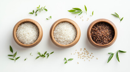 Artistic flat lay of wooden bowls filled with different types of rice, surrounded by fresh herbs. composition highlights textures and colors of grains