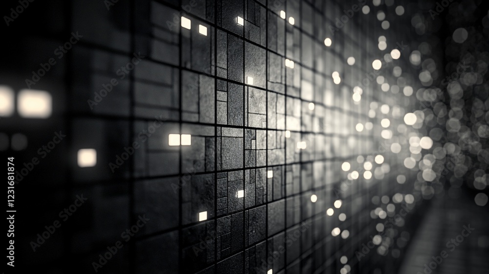 Poster abstract dark grid with glowing lights, perspective view.