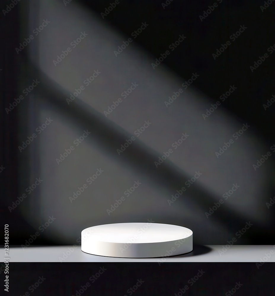 Poster minimalist white circular platform on a dark surface with diagonal light shadows creating a striking