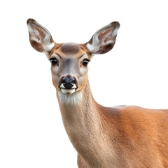 Fototapeta premium A high-resolution close-up portrait of a female deer (doe), showcasing its soft fur and expressive eyes, isolated on a transparent background.