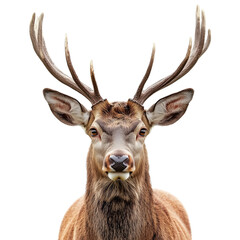 A high-resolution close-up portrait of a male deer (stag) with large, symmetrical antlers, showcasing its powerful and majestic presence, isolated on a transparent background.
