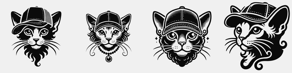 Obraz premium Four stylized cat illustrations featuring unique facial expressions and hats, combining elements of fun and personality in a monochromatic design.