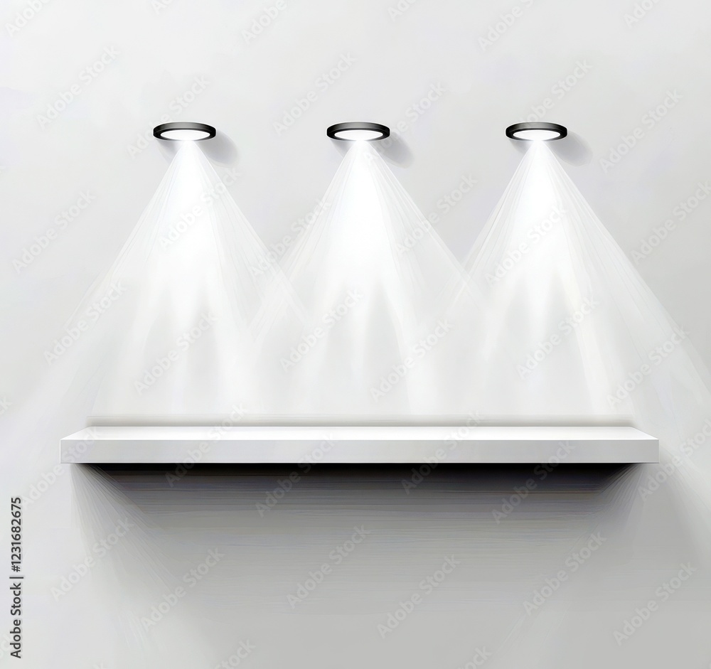 Aufkleber minimalist display with three spotlights on white wall and empty shelf for product presentation or i