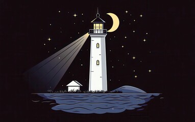 Serene Night Scene of a Lighthouse Illuminating the Dark Ocean Under a Bright Moon and Starry Sky