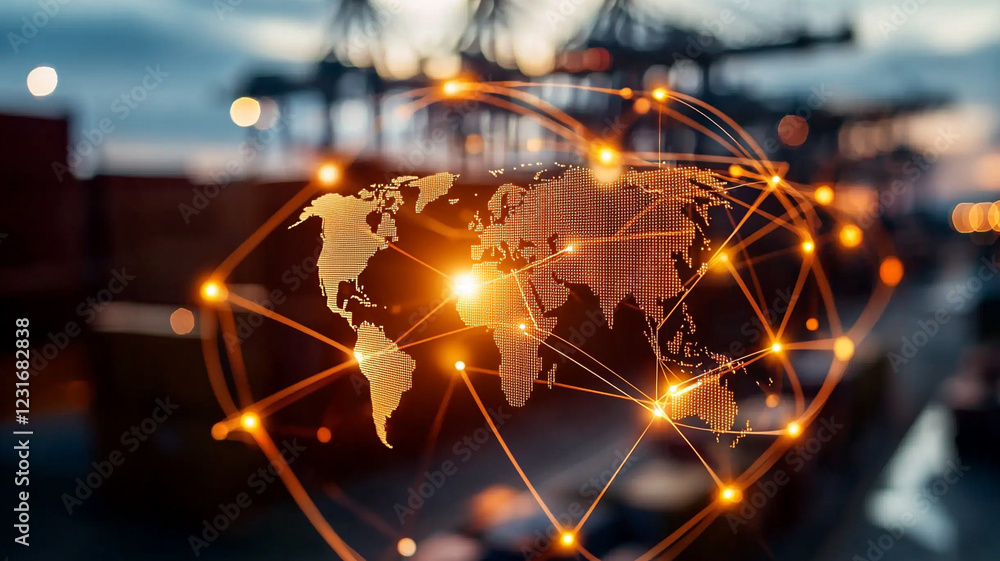 Poster global network connections are shown using a glowing world map over a blurry twilight image of a car
