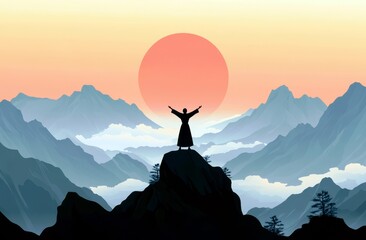 Silhouette of a Figure on a Mountain Peak with Outstretched Arms Against a Vibrant Sunrise over Misty Mountains and Serene Landscape