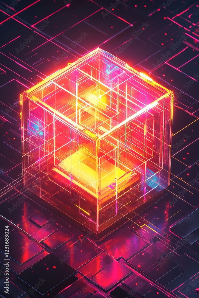 Poster futuristic neon cube with glowing lights on a digital grid background in a cyberpunk style