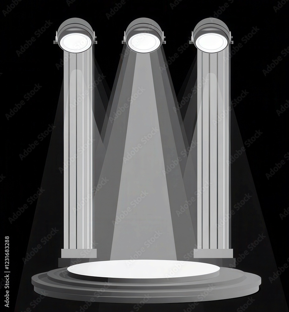 Poster illuminated stage with three classic columns and spotlight effect on a dark background for creative 