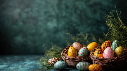 Painted Easter eggs nest spring background