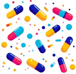 Colorful capsule pattern design featuring vibrant pills and dots on a white background for health and wellness themes