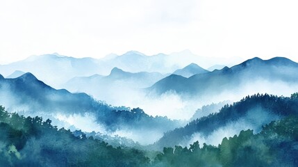Watercolor of landscape forest misty mountains horizon and fog and hills,pine tree fir tree,Autumn forest background,drawn by hand,Autumn illustration design elements for landscape,wallpaper.