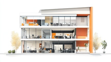 Modern Office Building Section with Orange Accents and Large Windows Showing Desks and Chairs