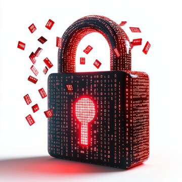 Digital lock with binary code falling around it, being hacked, placed on a bright white background