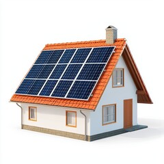 Modern solar panel installed on a house roof, isolated on a clean white background