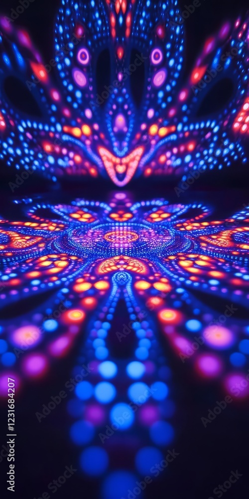 Poster a captivating abstract light pattern with neon colors forming a kaleidoscope effect against a dark b