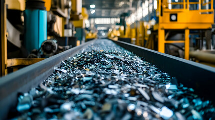 Obraz premium Industrial conveyor belt with recycled metal fragments in a factory setting