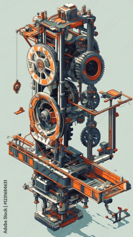 Poster large mechanical structure with many gears and wheels. the gears are orange and black. the structure