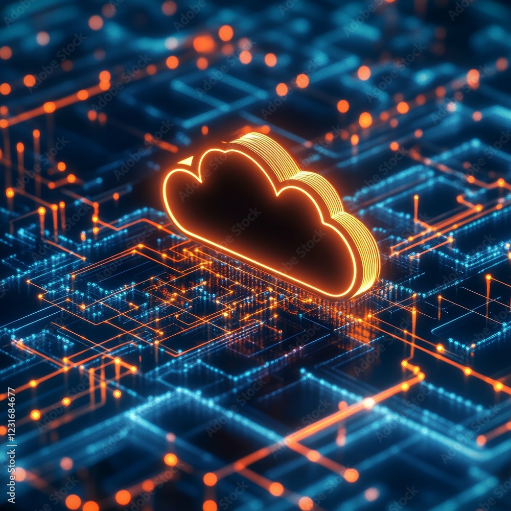 Poster futuristic cloud technology: a neon circuit board view of data processing
