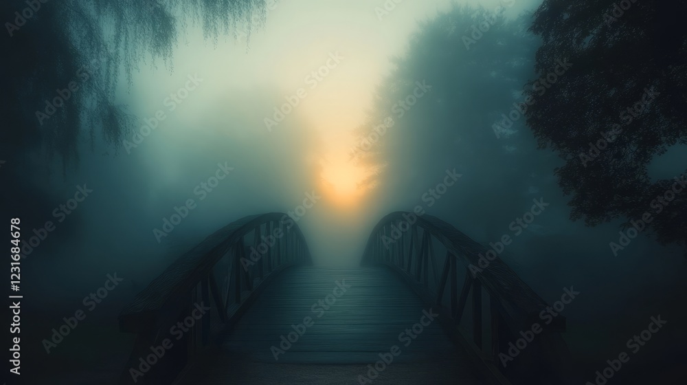 Poster a tranquil scene of a wooden bridge enveloped in fog with a glowing sunrise, creating a mystical atm