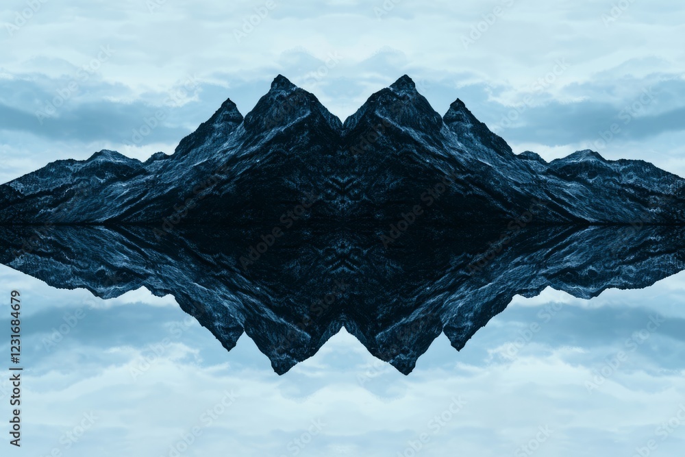 Poster a stunning mirrored image of rugged mountains reflected in a calm lake under a cloudy sky, creating 