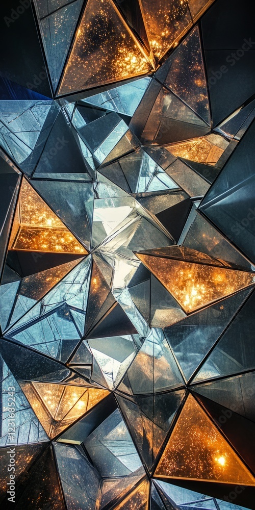 Poster series of triangles and squares are reflected in a window. the image has a modern and abstract feel 