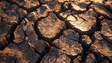 Close-up of dry cracked soil with intricate details of deep cracks and rough surface.