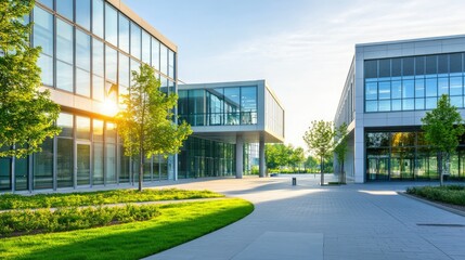 Obraz premium A modern school building with large glass windows and a welcoming entrance, surrounded by green lawn, with plenty of copy space